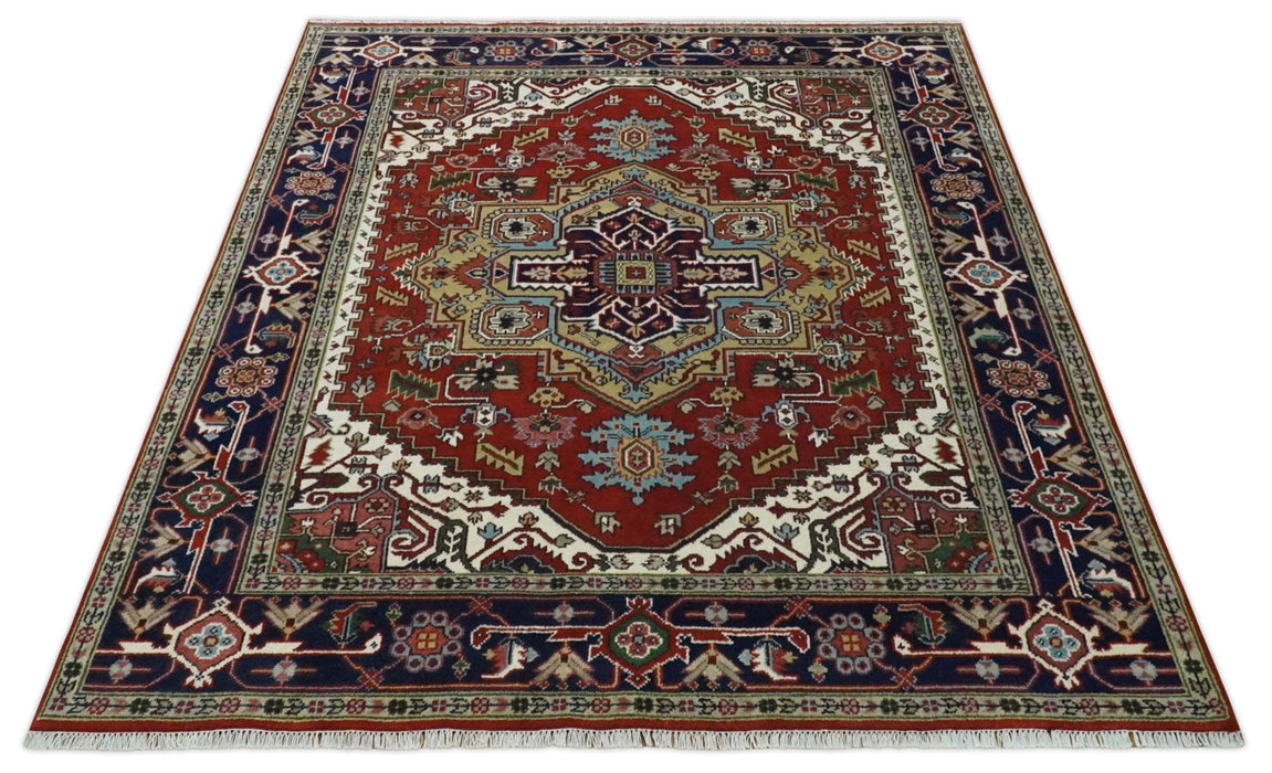 Custom Made Rust, Mustard, Ivory and Blue Hand Knotted Traditional Wool Area Rug