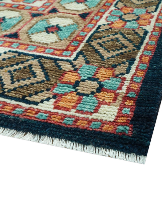 Custom Made Teal And Brown Traditional Tribal Design Hand Knotted Wool Rug