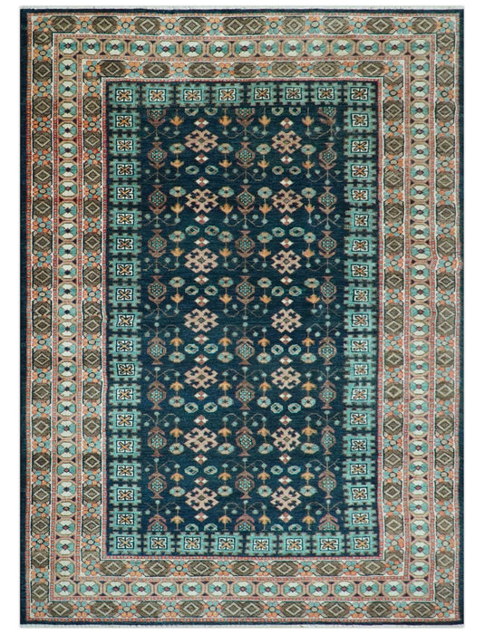 Custom Made Teal And Brown Traditional Tribal Design Hand Knotted Wool Rug