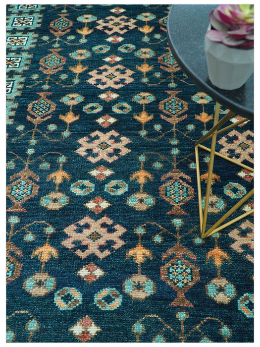 Custom Made Teal And Brown Traditional Tribal Design Hand Knotted Wool Rug