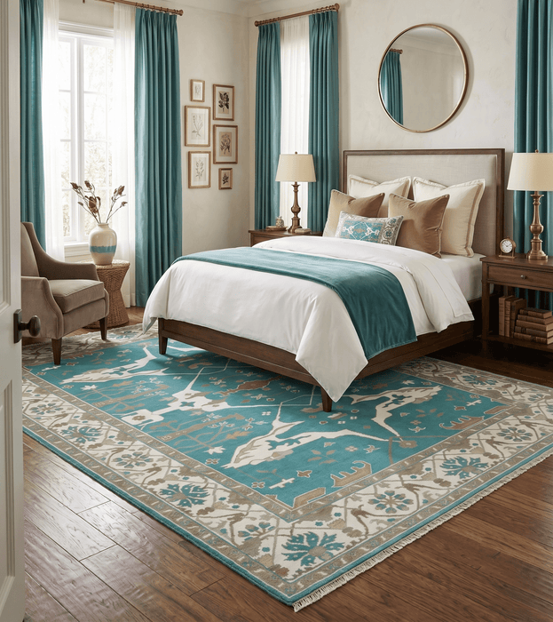 Custom Made Teal and Ivory Hand knotted Oriental Oushak Multi Size wool Area Rug