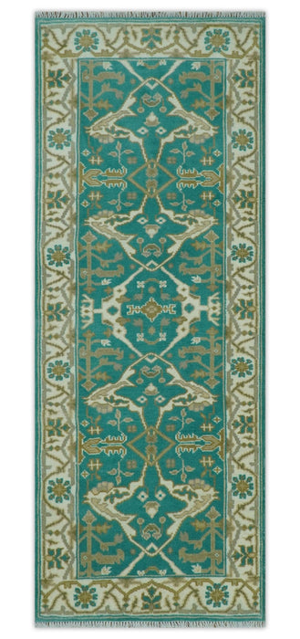 Custom Made Teal and Ivory Hand knotted Oriental Oushak Multi Size wool Area Rug
