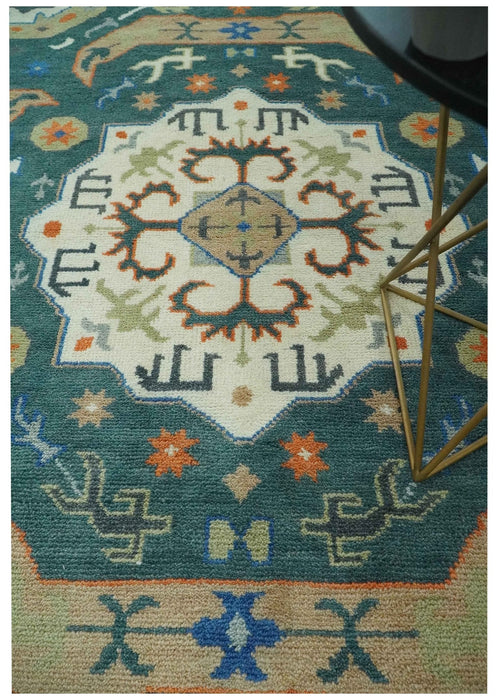 Custom Made Teal and Ivory Hand Knotted Traditional Mamluk Design wool Rug