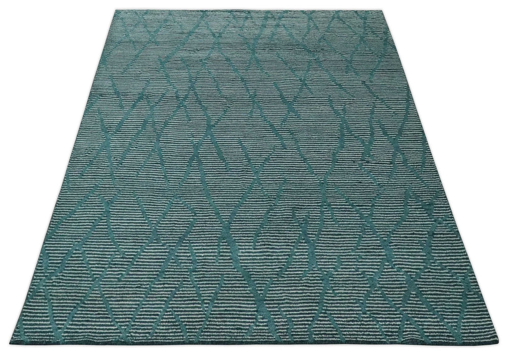 Custom Made Teal and Ivory Modern Stripes Design Hand Knotted wool Area Rug