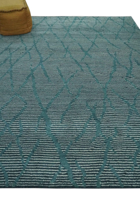 Custom Made Teal and Ivory Modern Stripes Design Hand Knotted wool Area Rug