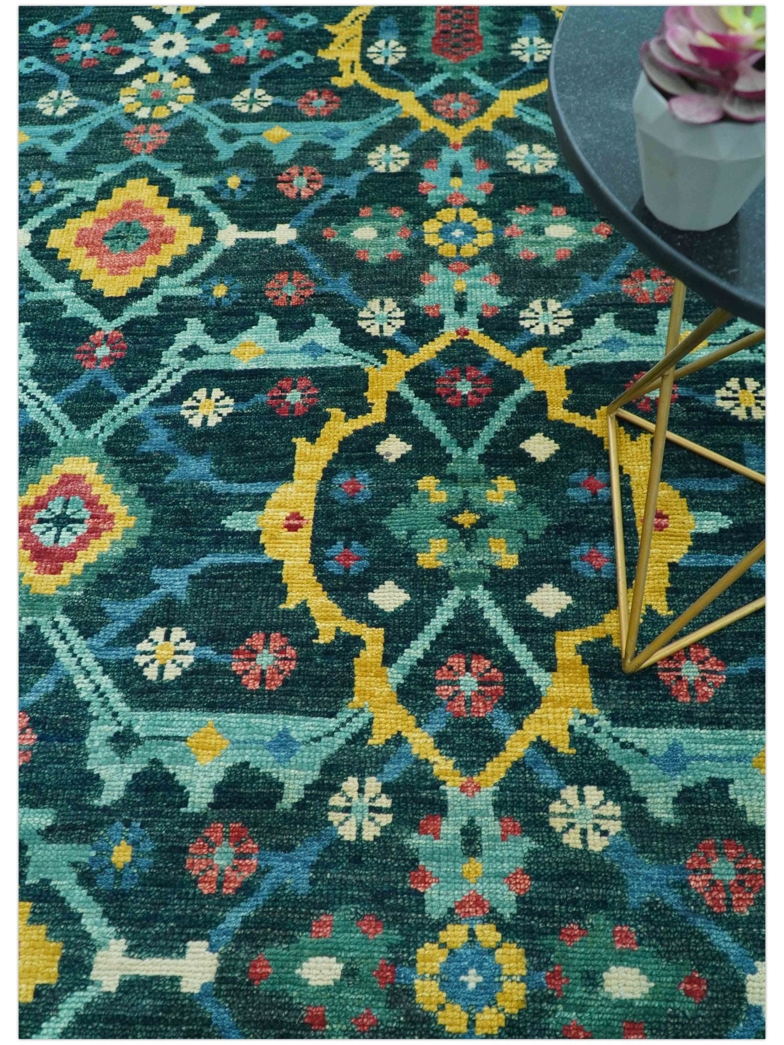 Custom Made Teal And Mustard Traditional Floral Motifs Hand Knotted Wo