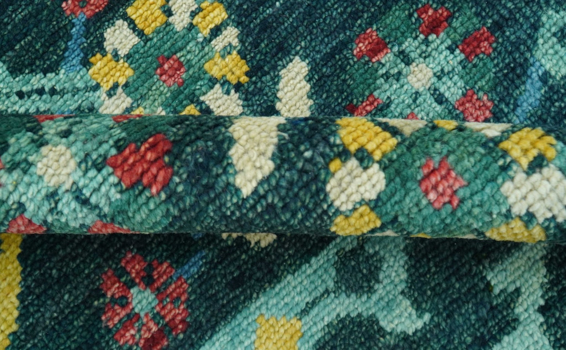 Custom Made Teal And Mustard Traditional Floral Motifs Hand Knotted Wool Rug