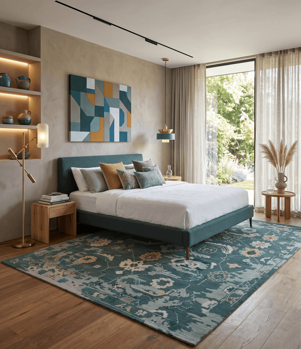 Custom Made Teal and Silver Traditional Oriental Oushak wool Area Rug