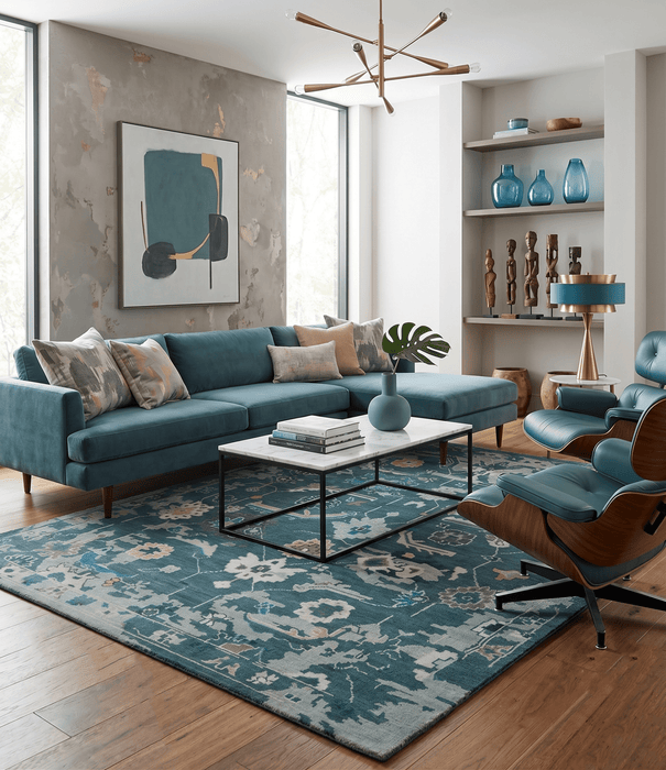 Custom Made Teal and Silver Traditional Oriental Oushak wool Area Rug