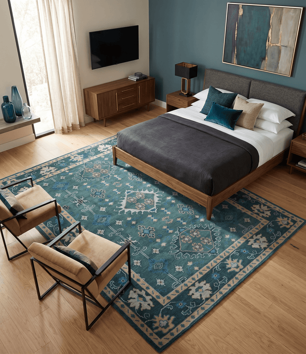 Custom Made Teal, Blue, Peach and Silver Hand Knotted Traditional Heriz wool Area Rug