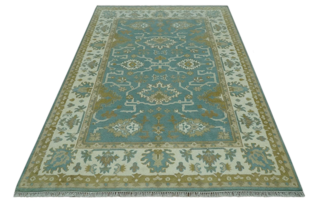 Custom Made Teal, Ivory and Olive Hand Knotted Traditional Oriental Oushak wool rug
