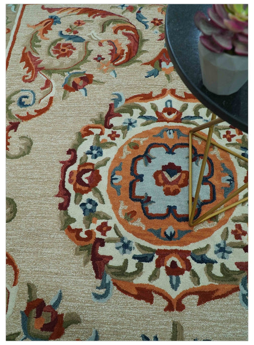 Custom Made Traditional Aubusson Design Beige And Brown Hand Tufted Wool Area Rug