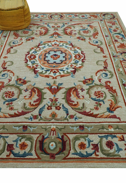 Custom Made Traditional Aubusson Design Beige And Brown Hand Tufted Wool Area Rug