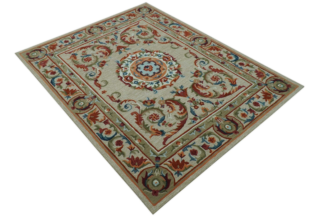 Custom Made Traditional Aubusson Design Beige And Brown Hand Tufted Wool Area Rug