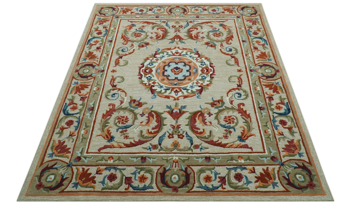 Custom Made Traditional Aubusson Design Beige And Brown Hand Tufted Wool Area Rug