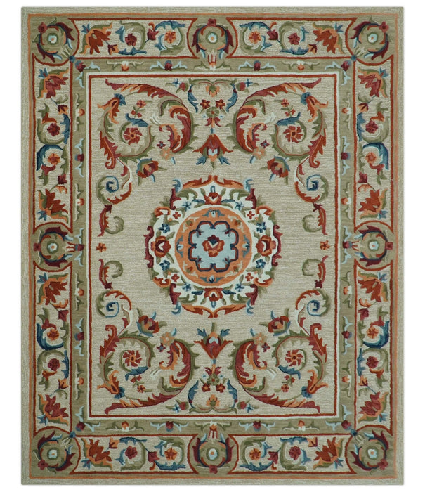 Custom Made Traditional Aubusson Design Beige And Brown Hand Tufted Wool Area Rug
