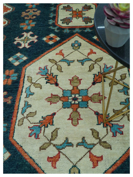 Custom Made Traditional Blue And Ivory Hand Knotted Wool Rug