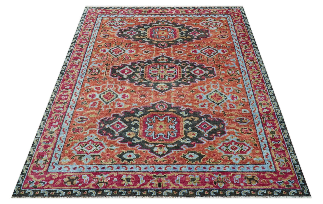 Custom Made Traditional Central Medallions Design Rust And Black Hand Knotted Wool Rug