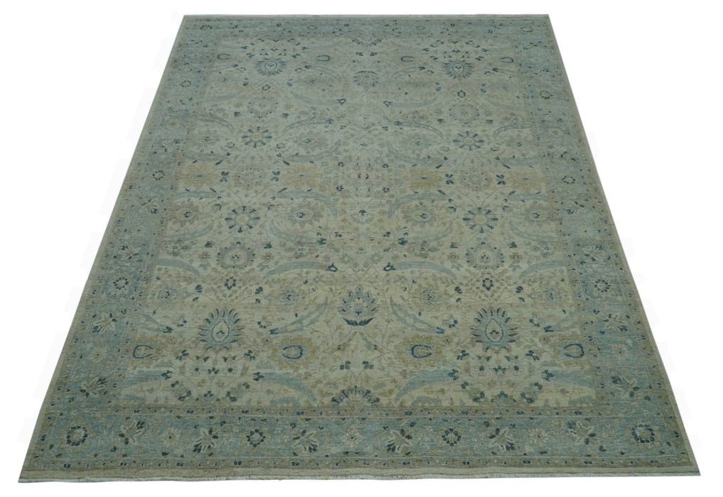 Custom Made Traditional Distressed Blue And Beige Hand Knotted wool area rug