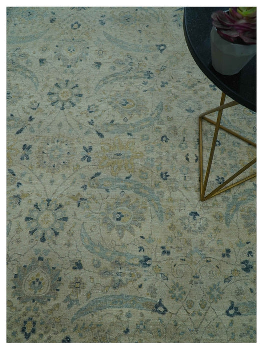 Custom Made Traditional Distressed Blue And Beige Hand Knotted wool area rug