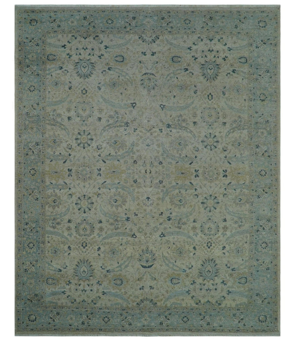 Custom Made Traditional Distressed Blue And Beige Hand Knotted wool area rug