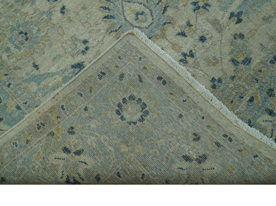 Custom Made Traditional Distressed Blue And Beige Hand Knotted wool area rug