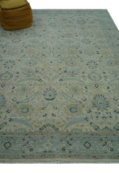 Custom Made Traditional Distressed Blue And Beige Hand Knotted wool area rug