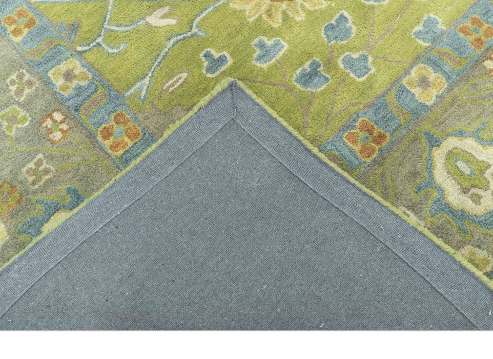 Custom Made Traditional Floral Design Green And Blue Hand Tufted wool Area Rug