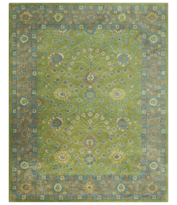 Custom Made Traditional Floral Design Green And Blue Hand Tufted wool Area Rug