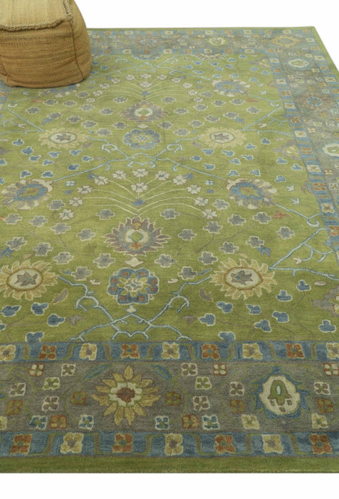Custom Made Traditional Floral Design Green And Blue Hand Tufted wool Area Rug
