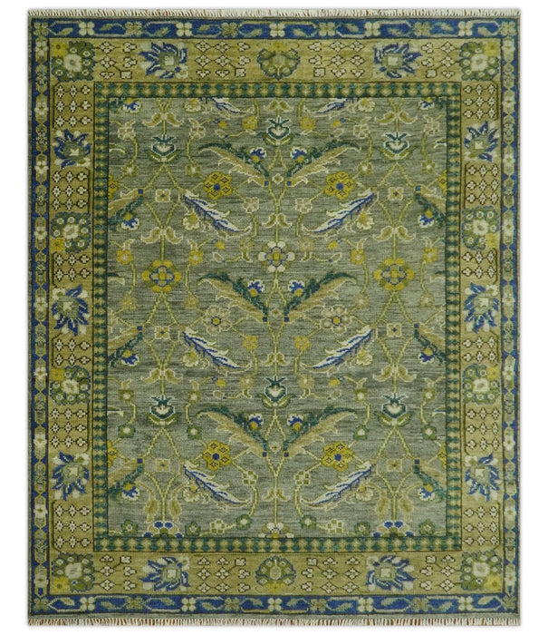 Custom Made Traditional Floral Green and Blue Hand Knotted wool area rug