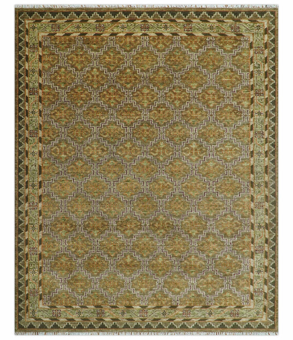 Custom Made Traditional Geometrical Motifs Olive and Rust Hand Knotted wool area rug