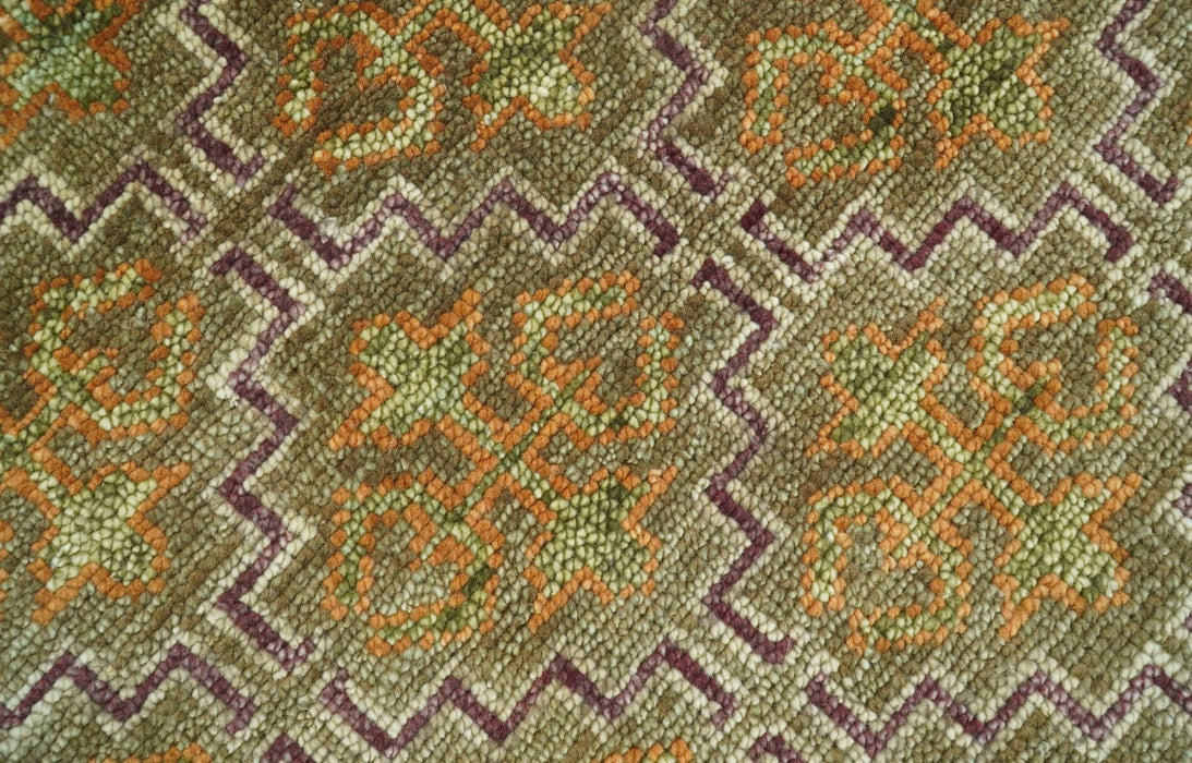 Custom Made Traditional Geometrical Motifs Olive and Rust Hand Knotted wool area rug