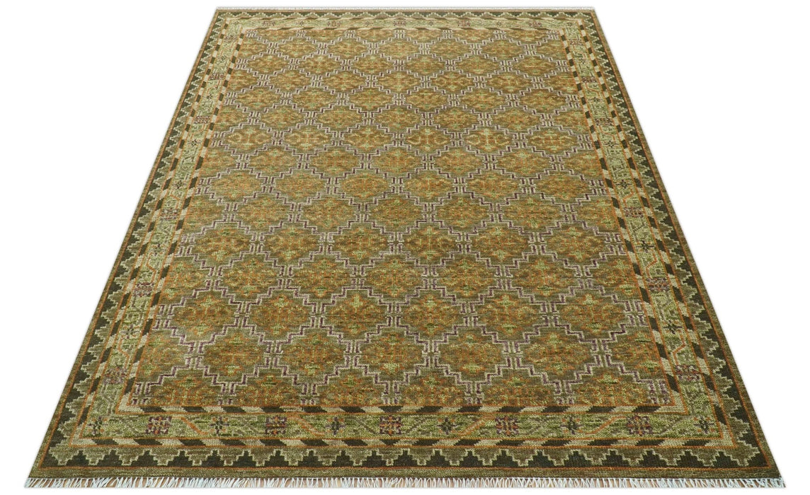 Custom Made Traditional Geometrical Motifs Olive and Rust Hand Knotted wool area rug