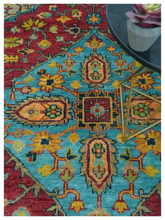 Custom Made Traditional Heriz Design Maroon And Olive Hand Knotted Wool Rug