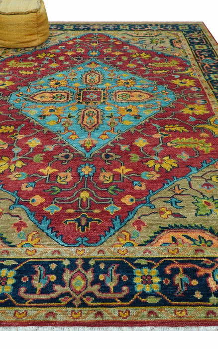 Custom Made Traditional Heriz Design Maroon And Olive Hand Knotted Wool Rug