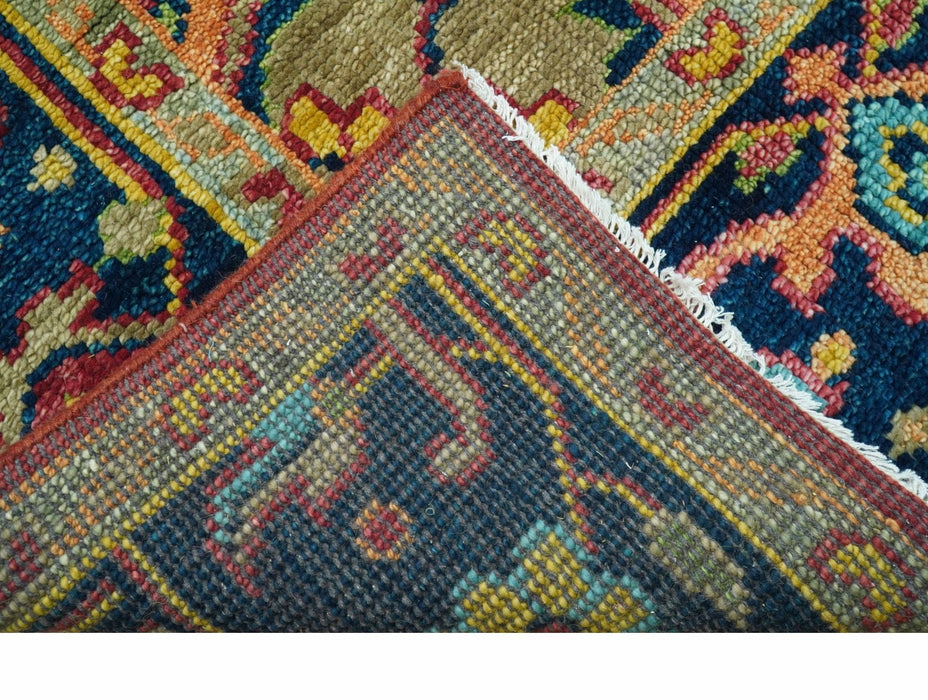 Custom Made Traditional Heriz Design Maroon And Olive Hand Knotted Wool Rug