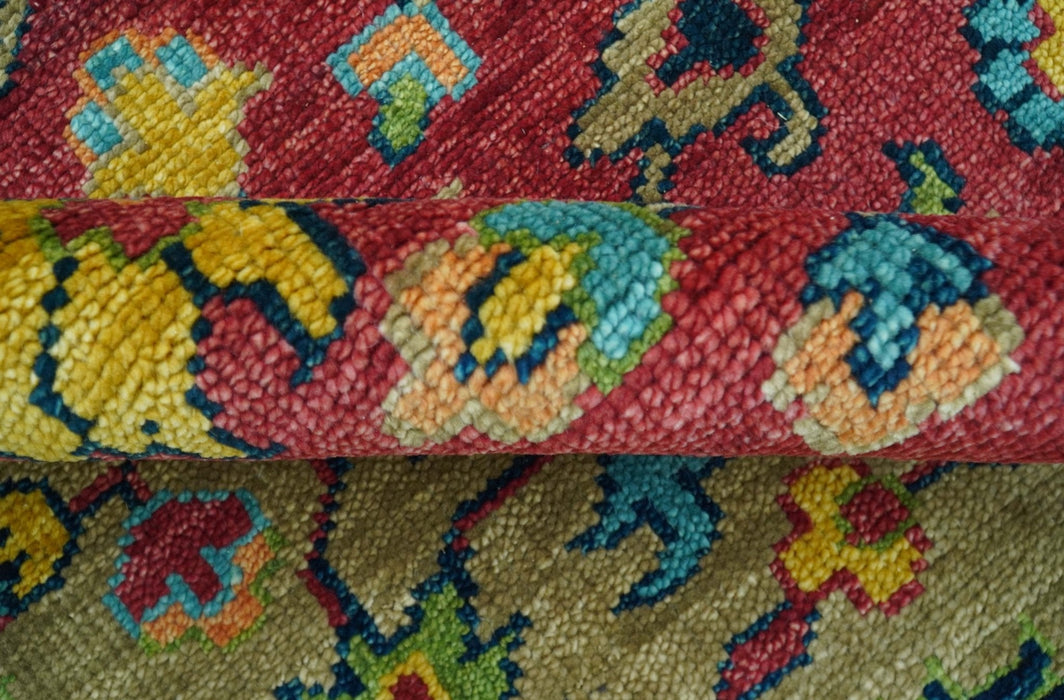 Custom Made Traditional Heriz Design Maroon And Olive Hand Knotted Wool Rug