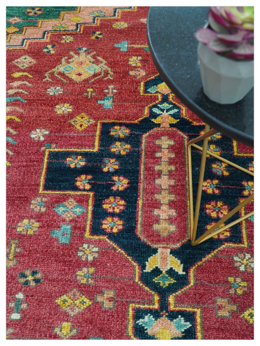 Custom Made Traditional Heriz Design Red And Green Hand Knotted Wool Rug