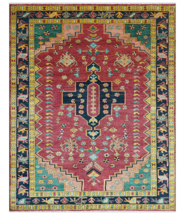 Custom Made Traditional Heriz Design Red And Green Hand Knotted Wool Rug