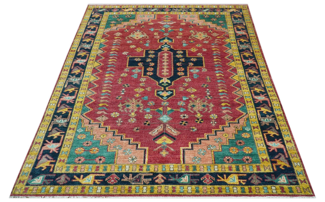 Custom Made Traditional Heriz Design Red And Green Hand Knotted Wool Rug