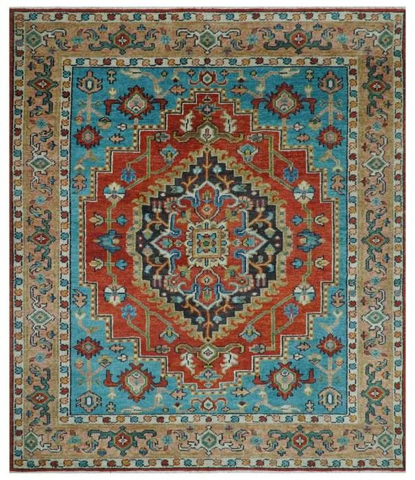 Custom Made Traditional Heriz Design Rust And Blue Hand Knotted Wool Rug