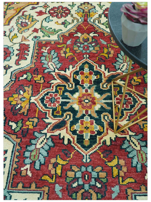 Custom Made Traditional Heriz Design Rust And Ivory Hand Knotted Wool Rug