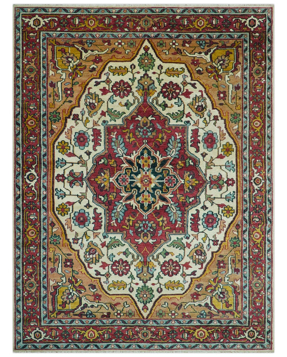 Custom Made Traditional Heriz Design Rust And Ivory Hand Knotted Wool Rug