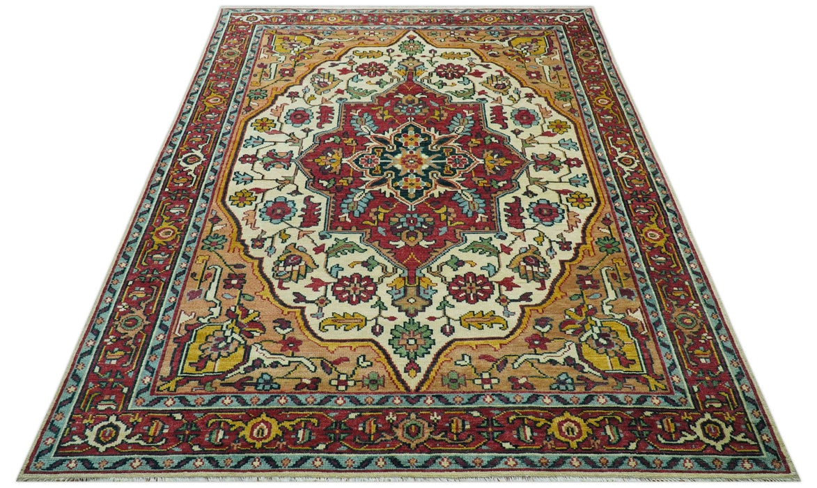Custom Made Traditional Heriz Design Rust And Ivory Hand Knotted Wool Rug