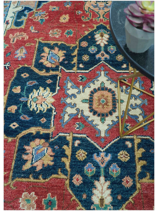 Custom Made Traditional Heriz Red And Blue Hand Knotted Wool Rug
