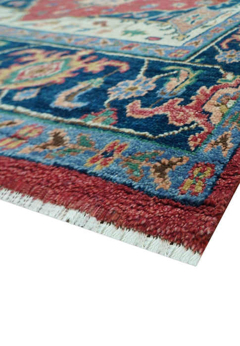Custom Made Traditional Heriz Red And Blue Hand Knotted Wool Rug
