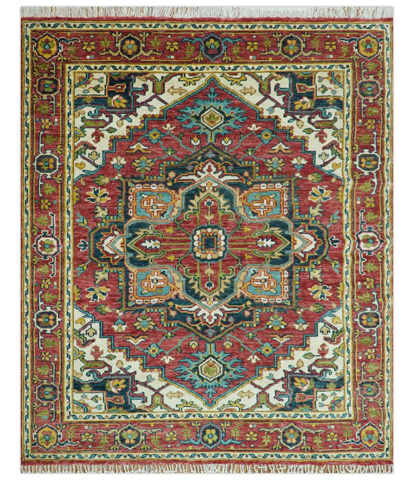Custom Made Traditional Heriz Red And Ivory Hand Knotted Wool Rug
