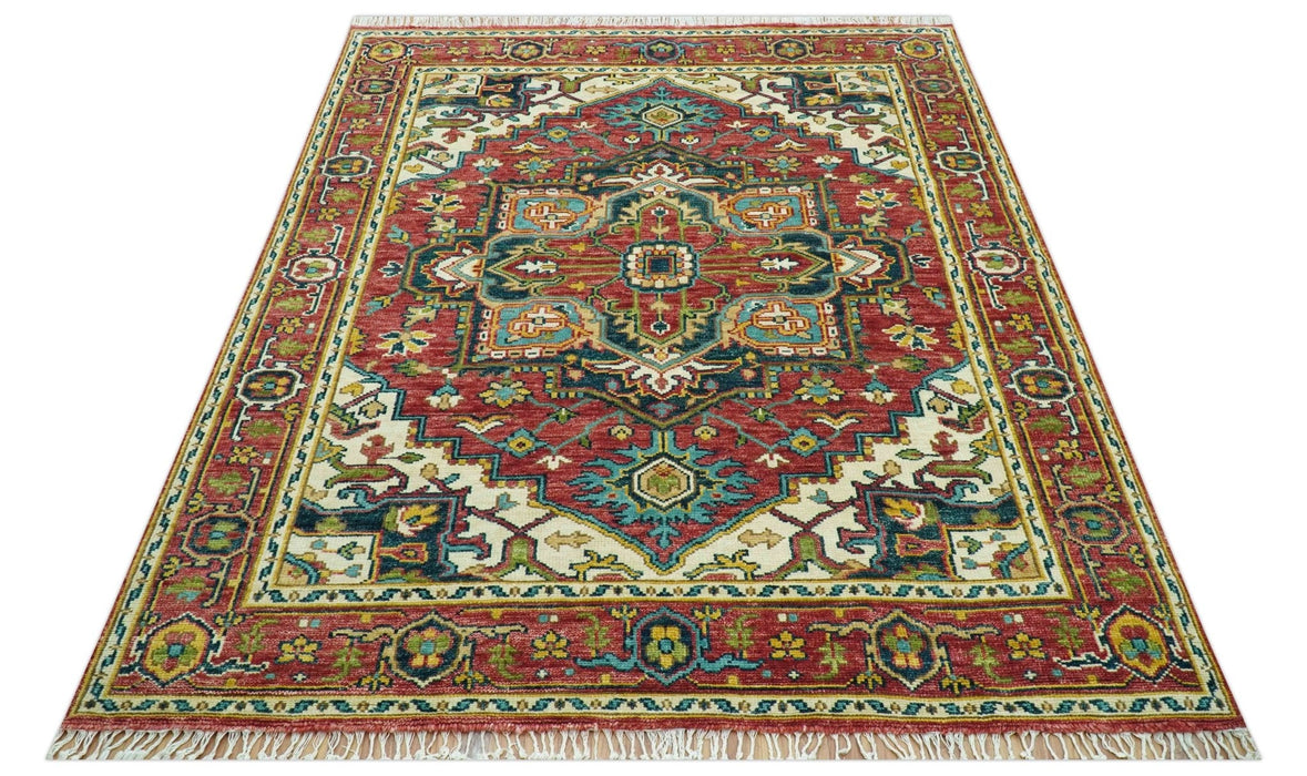 Custom Made Traditional Heriz Red And Ivory Hand Knotted Wool Rug