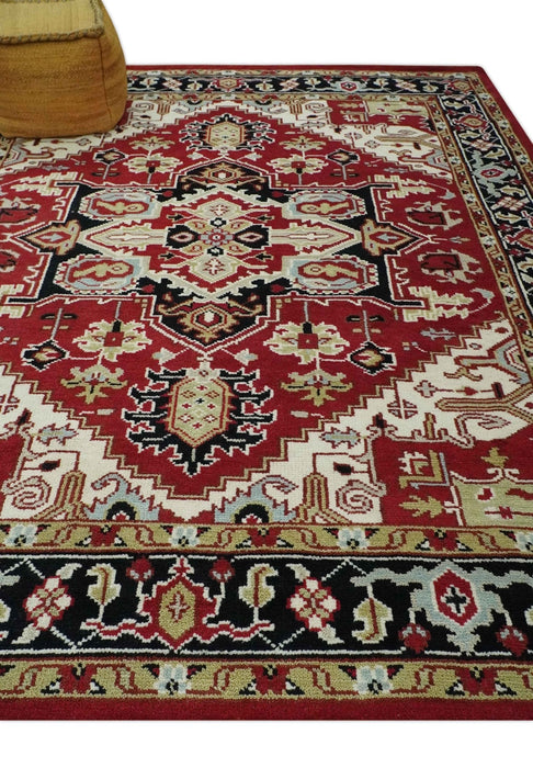 Custom Made Traditional Heriz Rust, Ivory, Black and Beige Hand knotted Medallion Wool Area Rug